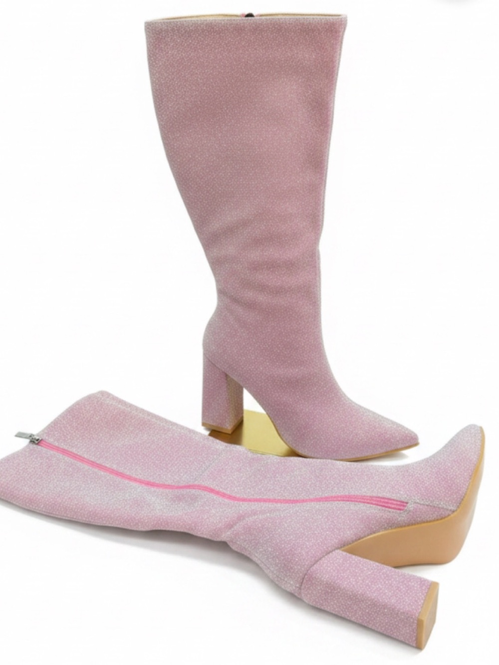 Pink Sparkle Knee-High Block Heel Boots